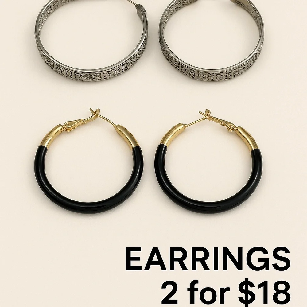 Lot Of 2 Hoop Earrings Silver Filigree & Black Enamel Gold Tone 2/$18